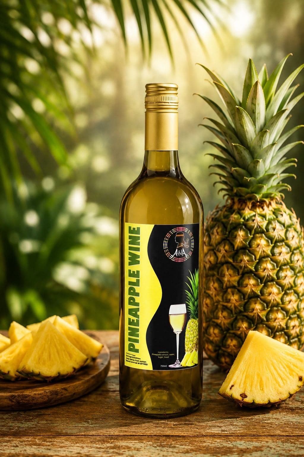 Bottle of ANA Pineapple Fruit Wine beside a whole pineapple under palm leaves