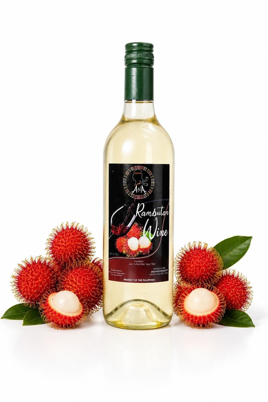 Bottle of ANA Rambutan Wine with fresh rambutan fruit